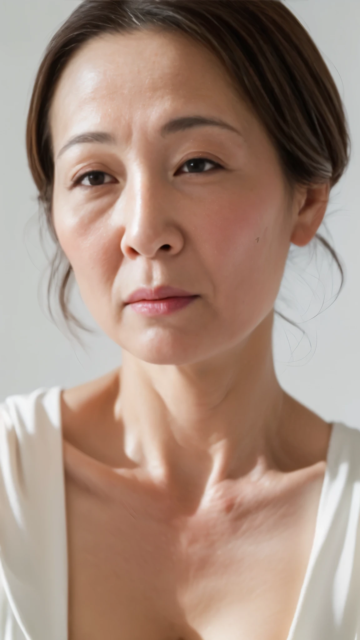 Close-up photo of a woman&#39;s face、(highest quality,8k,masterpiece),
Rough skin, Anatomically correct, sharp, Gray background、((Japanese Mature, 70 years old)), alone, ((Facial wrinkles),, Straight light brown hair that reaches the shoulders,  (((Stand upright, Facing the center of the screen.))), Open your mouth and look straight ahead, Expressions of ecstasy,Lip gloss,