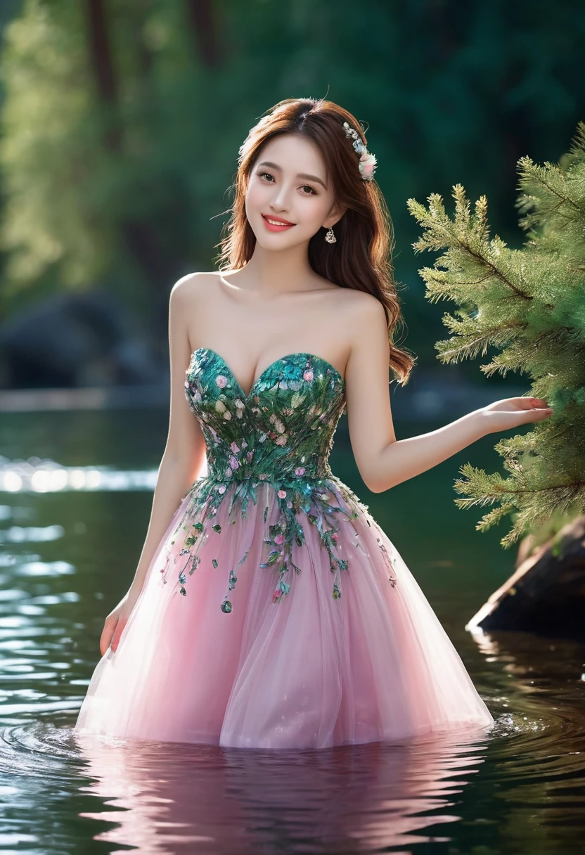 8K, ultra hd, masterpiece, ultra realistic, 1 girl, nice face, very long hair, detailed eyes, detailed lips, (big breasts:1.5) super round "wet body", 3D Floral Short Strapless Tulle Beaded Prom Dress  Elegant Green Mini, ((pink,red,blue ,black,green,meroon,purple,yellow random dress color)),((High resolution Dress Quality)), diamonds, jewelry, necklace, earrings, lake, scenery  , sitting, Bridge, Forest, standing in lake water, feet in water, Pine trees, Perfect body figure, Beautiful Smile, Cinematic photography, Sexy angles, Stylish poses, 4 different Poses, 64k, high resolution image quality, very body figure  clear, Flowers in hand, Flowers in Hair, walking in water, waterfall