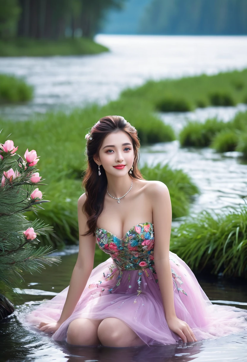 8K, ultra hd, masterpiece, ultra realistic, 1 girl, nice face, very long hair, detailed eyes, detailed lips, (big breasts:1.5) super round "wet body", 3D Floral Short Strapless Tulle Beaded Prom Dress  Elegant Green Mini, ((pink,red,blue ,black,green,meroon,purple,yellow random dress color)),((High resolution Dress Quality)), diamonds, jewelry, necklace, earrings, lake, scenery  , sitting, Bridge, Forest, standing in lake water, feet in water, Pine trees, Perfect body figure, Beautiful Smile, Cinematic photography, Sexy angles, Stylish poses, 4 different Poses, 64k, high resolution image quality, very body figure  clear, Flowers in hand, Flowers in Hair, walking in water, waterfall