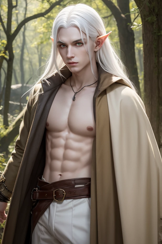 A pale elf with white hair and yellow eyes wearing hunter's clothing and a green cape, he has 2 swords and a longbow