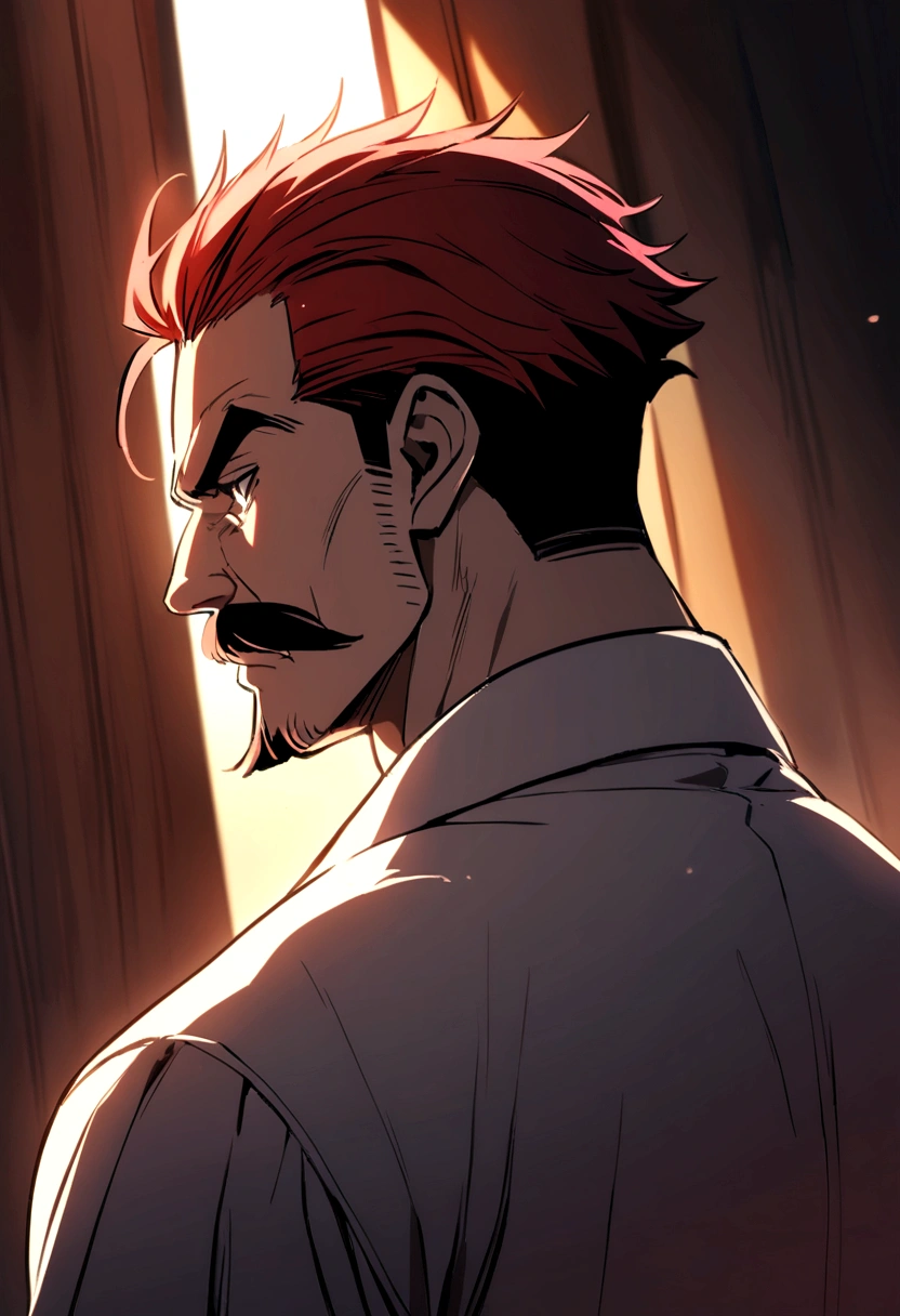 middle aged man, short hair back, Red-Haired, mustache