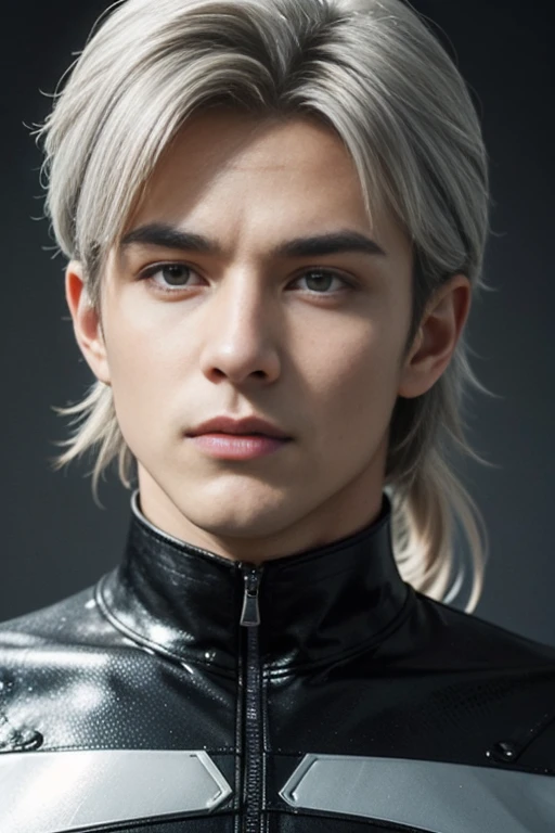 Quarter body shot of a handsome hunky celestial white haired Lunaris wearing a light gray and silver swirls and twirls filigree latex spandex and gloves standing firmly face frontal camera focus asymmetrical face details,charachter, beautiful, devian art, trending artstation, digital art, detailed, realistic, humanoide, character,cinematic sho ,cinematic lights, high textures, high resolution, dreamlikeart, 8k, highly detailed, stabilized diffusion. Detailed face and fingers.