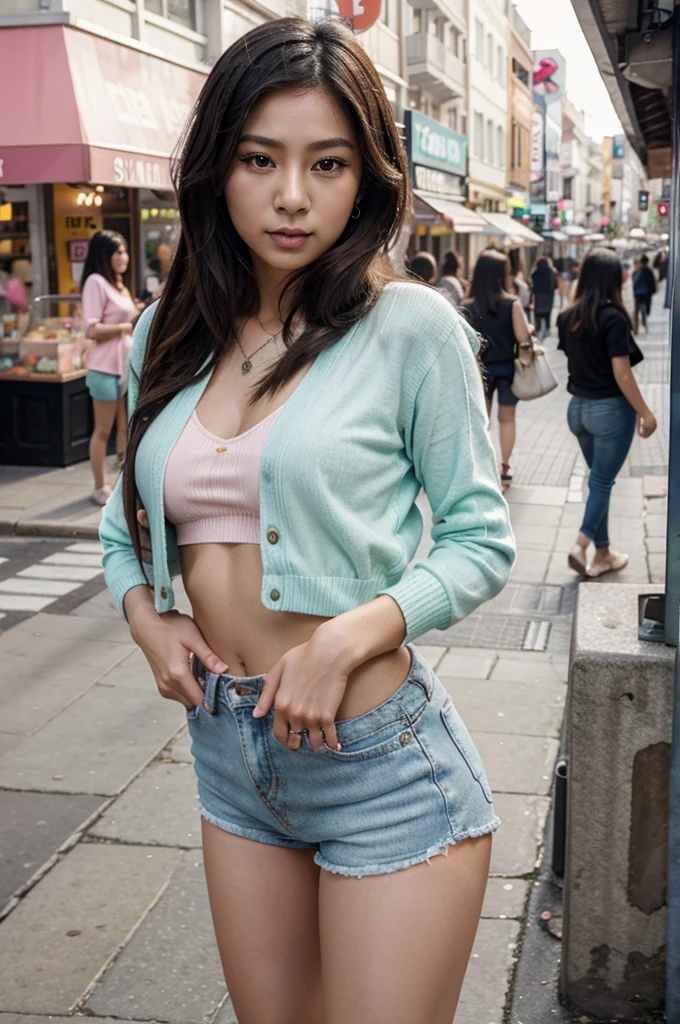 [[((young attractive Asian woman:1.5)), ((Sophie Tan:1.4)), standing in a pastel-themed shopping district, with her back to the camera. She is wearing ((tight pastel green high-waisted shorts and a cropped lavender cardigan:1.2)). Her hair is styled in loose waves, and she has a seductive, intense gaze over her shoulder. The background features pastel-colored shops, street art, and bustling activity. The scene is captured with a ((high-resolution mirrorless camera:1.2)) using a ((35mm prime lens:1.2)) for a balanced perspective. Post-production enhances the pastel colors and adds a ((soft bokeh effect:1.1)) to the background. The image should be in ((8K resolution:1.1)) with ((hyper-realistic detail:1.3)). The backdrop highlights the pastel-themed shopping district with detailed textures of shops and street art. The focus is on the woman's pastel outfit and seductive, intense gaze. Bright street lighting is used with slight enhancements to create a lively and cheerful atmosphere, with a ((soft bokeh effect:1.1)) on the background, enhanced vibrancy, and high contrast to make the scene pop. She is standing with one hand on her hip, looking seductively over her shoulder, exuding confidence and allure, embodying Y2K pastel chic.]]