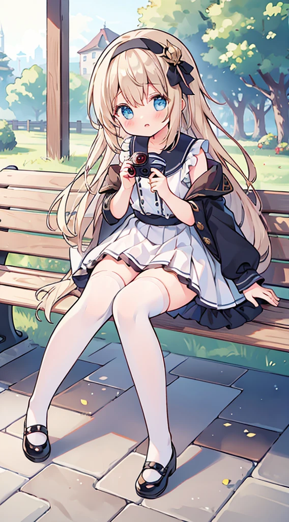 (masterpiece, best quality), 1girl, solo, bench vr-koxia, white thighhighs, hair band, black shoes