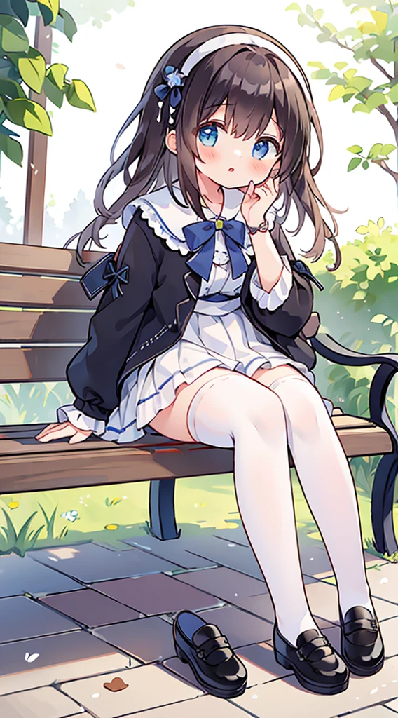 (masterpiece, best quality), 1girl, solo, bench vr-koxia, white thighhighs, hair band, black shoes