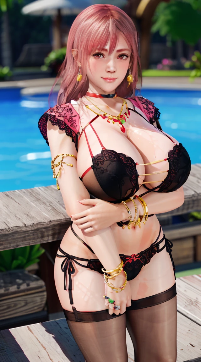 Honoka, Bodysuit,miniskirt, bracelet,ring, university student,Pink Hair,Huge breasts,Cleavage,Low-cut,miniskirt,pantyhose,cute,necklace,earrings,,Lace,orange juice,Ice cream,fruit,Red lips,swimming pool,underwear