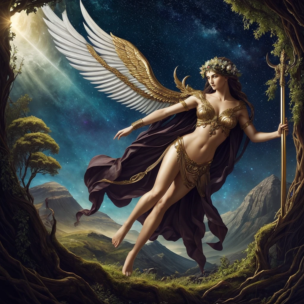 Initial Scenario:
Chaos: An abstract representation, perhaps as a mixture of dark, turbulent colors, representing primordial emptiness and chaos.
Gaia: In the center of the image, a majestic and imposing female figure, representing the earth. Gaia can be shown emerging from the ground, with roots and flowers surrounding her, symbolizing fecundity and life.
Eros: Above Gaia, a young and radiant figure, representing love. Eros may be surrounded by a soft, ethereal light, with delicate wings and a bow and arrow in hand.
Birth of Ouranos:
Ouranos: In the sky, above Gaia, a powerful male figure, representing the sky. Ouranos can be portrayed as a celestial being, with clouds and stars around him, looking at Gaia.
Titans: Around Gaia, semi-hidden in the earth, titanic figures, showing only parts of their bodies, such as arms, heads and torsos, struggling to get out of the ground.
Gaia's Rebellion:
Gaia with the Scythe: Gaia, with an expression of determination, holding a large scythe. The scythe should be detailed, with a menacing, ancient shine.
Kronos: A young titan, son of Gaia, receiving the scythe. Kronos can be shown with a dark and resolute expression, ready to challenge Ouranos.
Stylistic Elements:
Colors: Use a rich, earthy color palette for Gaia, celestial tones for Ouranos, and vibrant, soft colors for Eros.
Mythological Details: Include elements like stars, plants, roots, and ethereal lights to add a mythological, epic touch to the scene.
Style: Utilize a classic mythological art style, with fine details and a sense of grandeur and majesty.