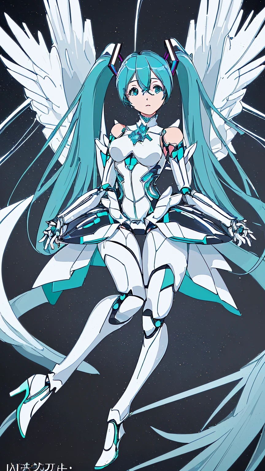 piece
((((masterpiece, expensive quality, very_expensive_solve, アニMechaラー, Exquisite design, Visual Arts, expensive quality)))), (((Hatsune Miku VOCALOID))), Twin tails, Turquoise Hair, Mecha, One girl, cyber punk, Realistic, Mechanical parts, ((((Angel Wings)))), Powered Suit, Robot Joints, Latex bodysuit, headgear, Full Armor, The limbs are mechanical, Pauldrons, expensive heels, Armor color((((white)))),4KHD Flying in the Sky, floating, The background is space, (expensive detail), (expensive quality), (Anime illustration)