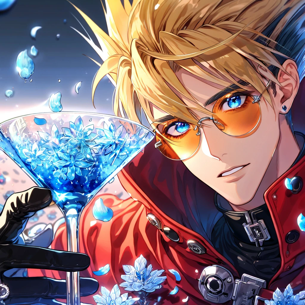 Ultra detailed, HDR, Highres, absurdres, master piece, Vash Stampede, expressive blue eyes, blond spiked hair, red trench coat, piercing, amber round sunglasses, Trigun, glass, blue ice, petals, blue ice flowers, sexy man, solo, handsome, glittering, blue glass, best quality, black gloves