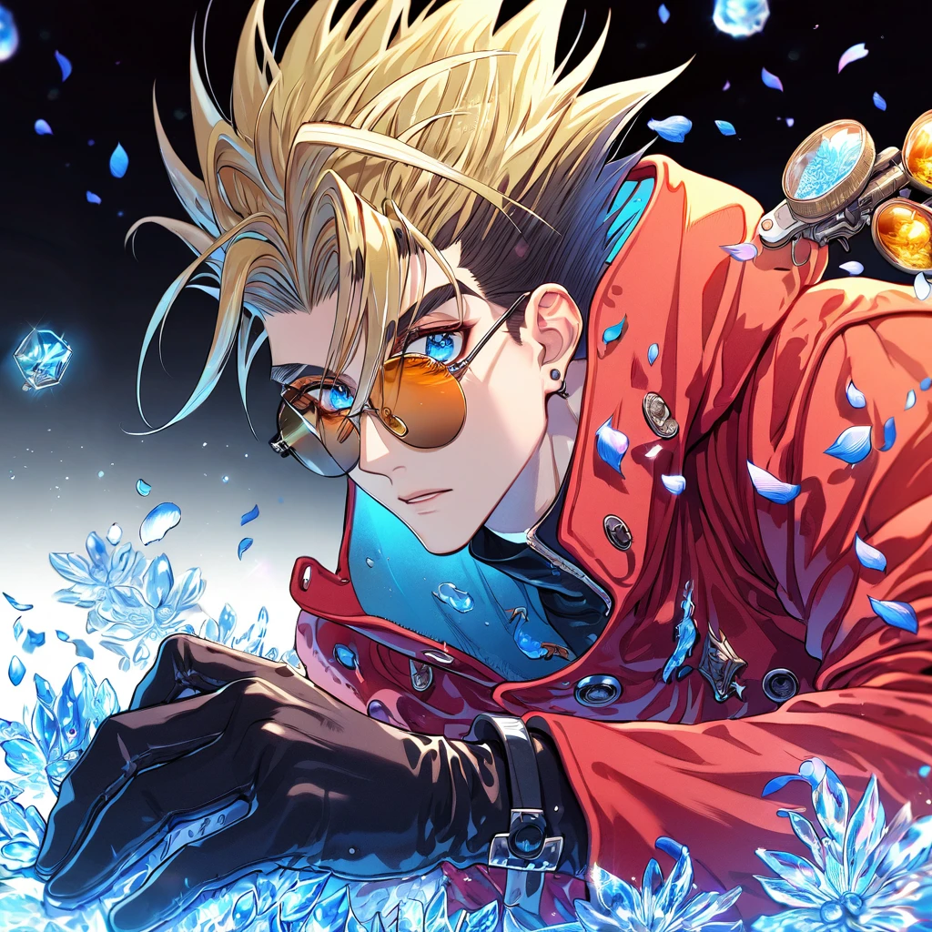 Ultra detailed, HDR, Highres, absurdres, master piece, Vash Stampede, expressive blue eyes, blond spiked hair, red trench coat, piercing, amber round sunglasses, Trigun, glass, blue ice, petals, blue ice flowers, sexy man, solo, handsome, glittering, blue glass, best quality, black gloves