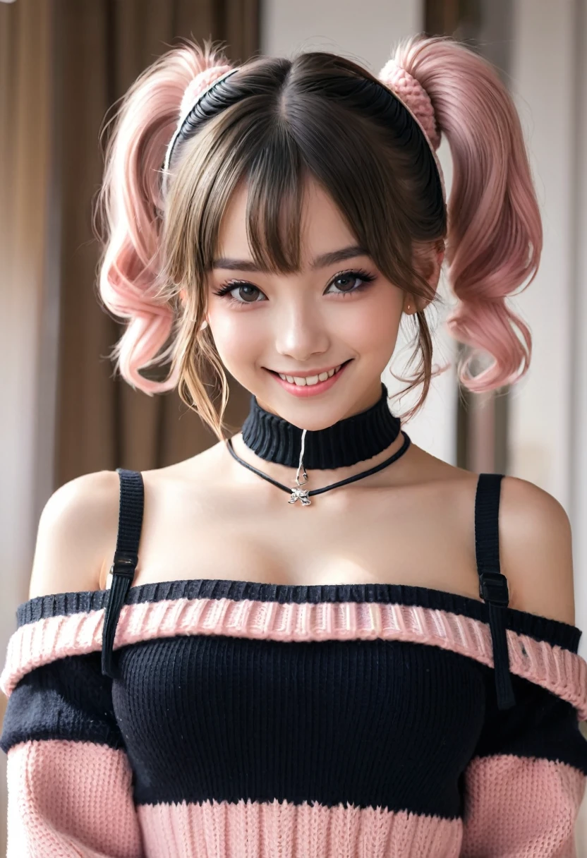 masterpiece, best quality, highly detailed, 1girl, solo, twintails, off-shoulder sweater, choker, jacket, hairband, looking at viewer, smile, blush,