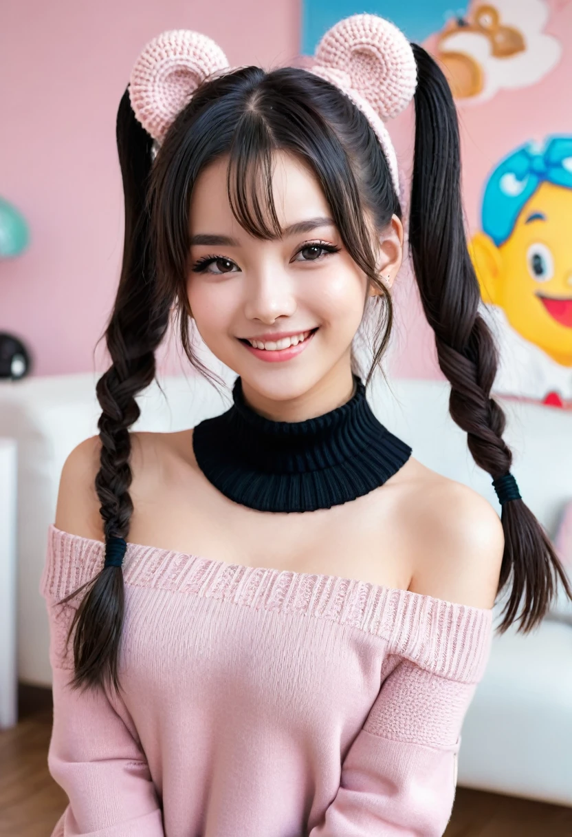 masterpiece, best quality, highly detailed, 1girl, solo,  twintails, off-shoulder sweater, choker, jacket, hairband, looking at viewer, smile, blush, 