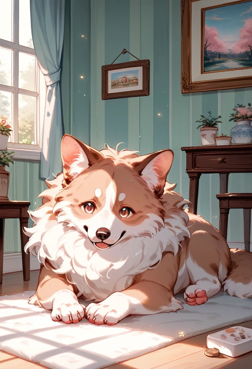 score_9, score_8_up, score_7_up, score_6_up, score_5_up, score_4_up, fluffy large dog and human  playing together, soft sparkling effects, room in the house, large windows, cute illustration style, fusion of watercolors and oil paintings, light pastel colors, 2.5D