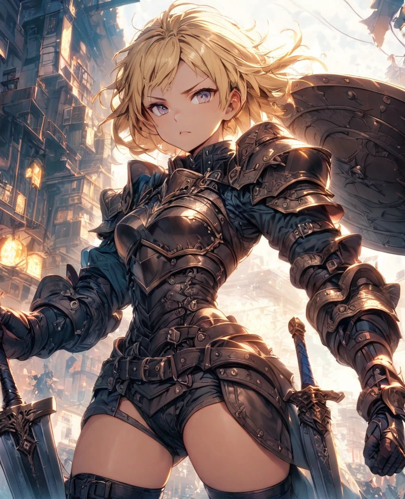 boyish　Berry Short　Slanted Eyes　Thighs　Blonde　Swordsman　Two-Way　Short Dagger　Metal armor　Giant Shield