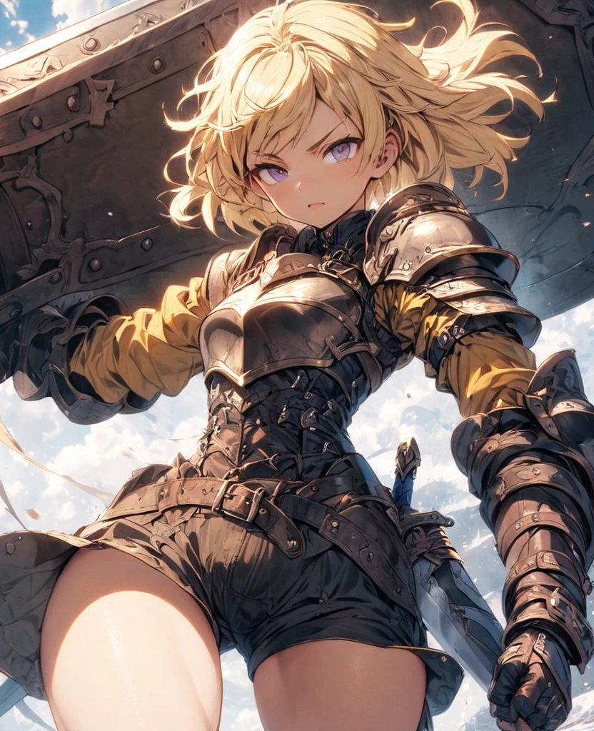 boyish Berry Short Slanted Eyes Thighs Blonde Swordsman Two-Way Short Dagger Metal armor Giant Shield