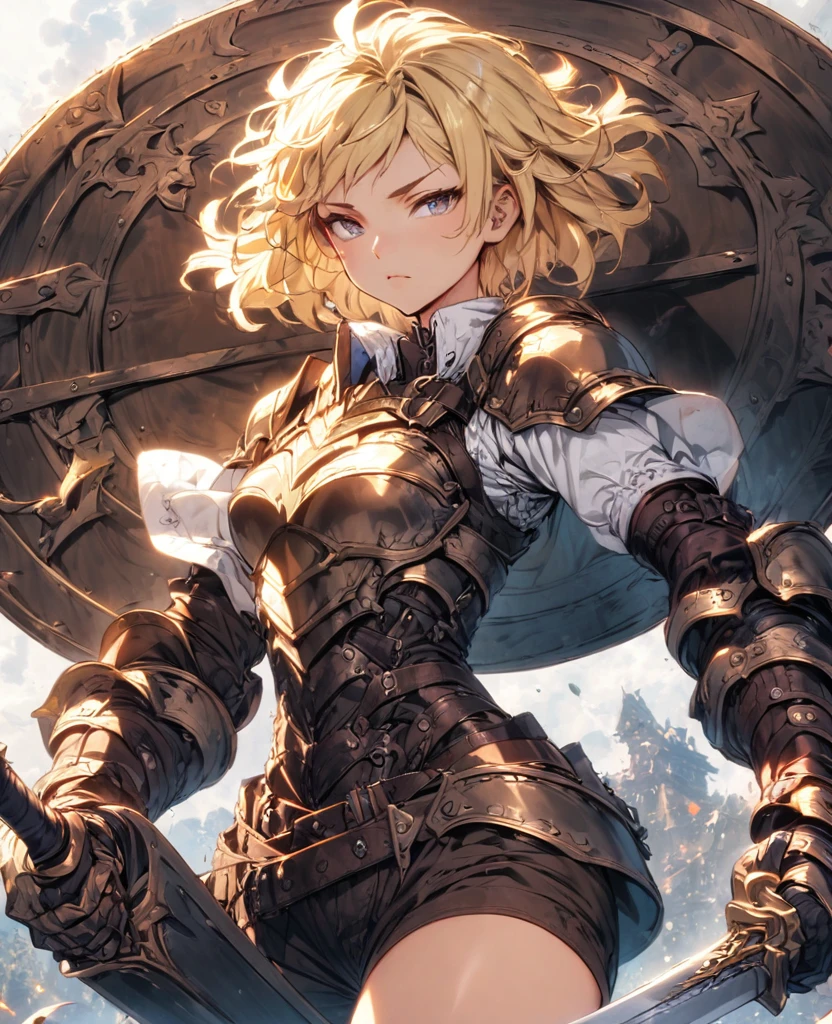 boyish　Berry Short　Slanted Eyes　Thighs　Blonde　Swordsman　Two-Way　Short Dagger　Metal armor　Giant Shield