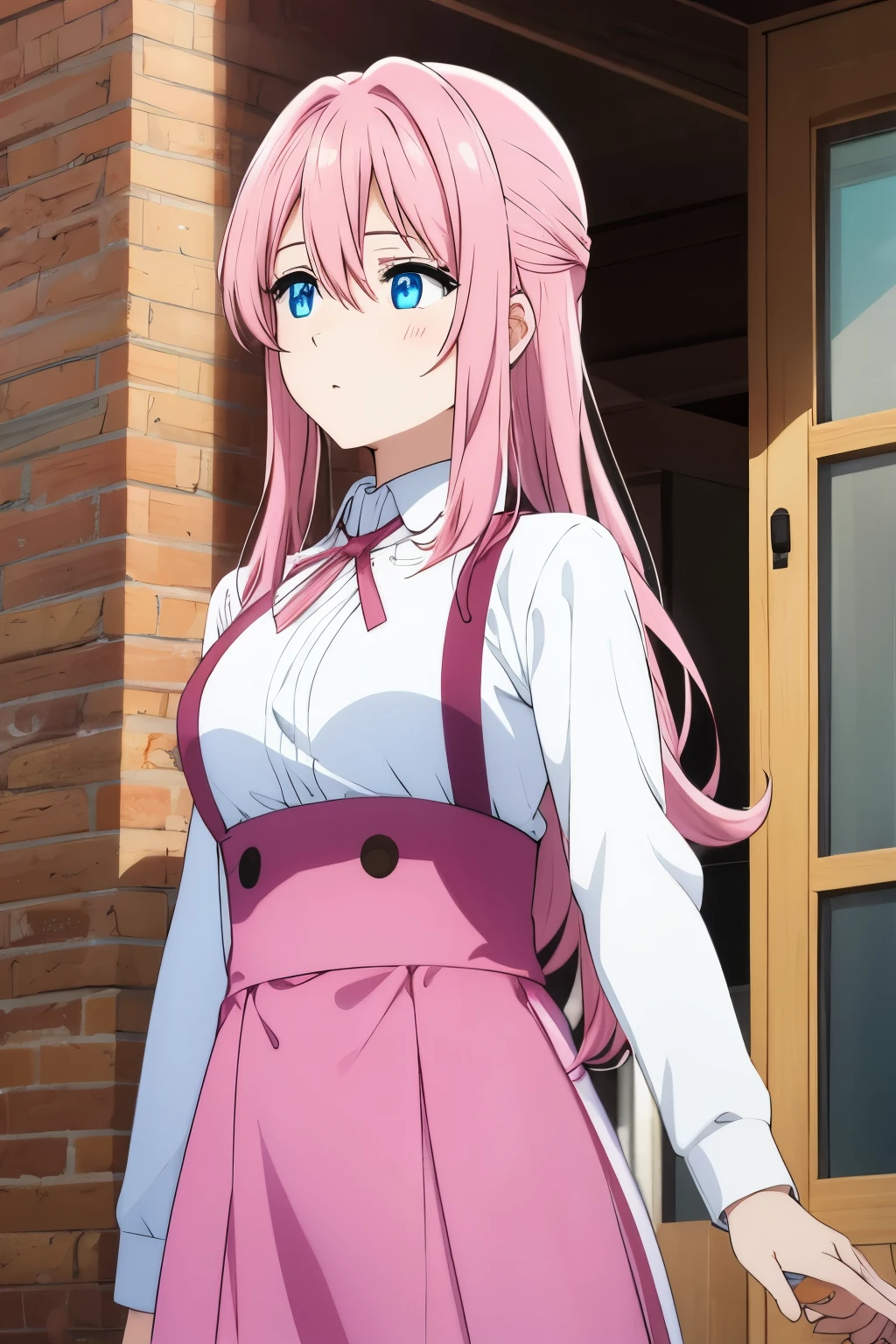 Long Pink hair, blue eyes, normal clothes