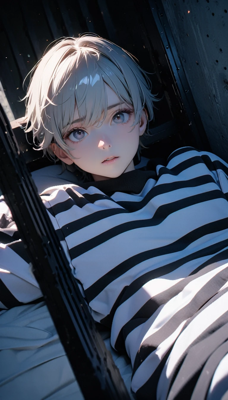 (8K, RAW photos, best quality, masterpiece: 1.4), (((Boy lying on hard bed)))，Ultra-high resolution, Extremely detailed, light, Full body close-up, handsome boy, black eyes, (delicate eyes, Eyes are bright:1.2), Gray short hair, Fair skin,dark, Black and white striped prison uniform,Black and white striped prison pants,(perfect anatomy:1.2), High-quality shadows, Natural Lighting, (White highlights:1.2), night, cloudy day, (Dark room:1.2), (The prison is surrounded by steel walls.:1.2)