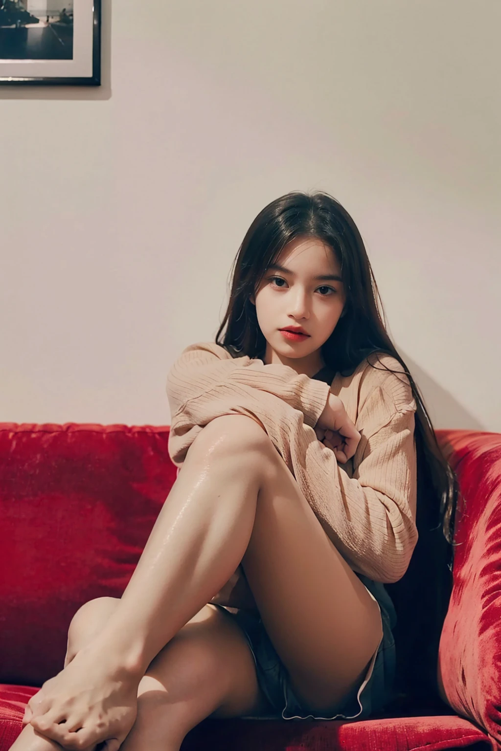 1girl,sitting on a cozy couch,crossing legs,soft light
