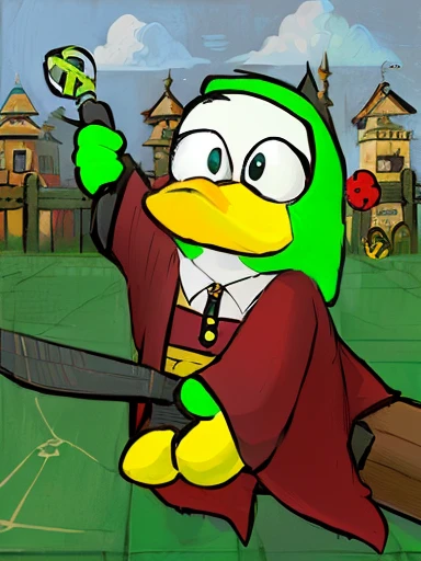 cartoon of a penguin with a bat and a ball in his hand, inspired by Jacob Duck, inspired by Kanbun Master, inspired by Aquirax Uno, inspired by Victor Noble Rainbird, holding a wand, inspired by Luigi Kasimir, inspired by Master of Affligem, subject= duck, holding the elder wand, owl wizard