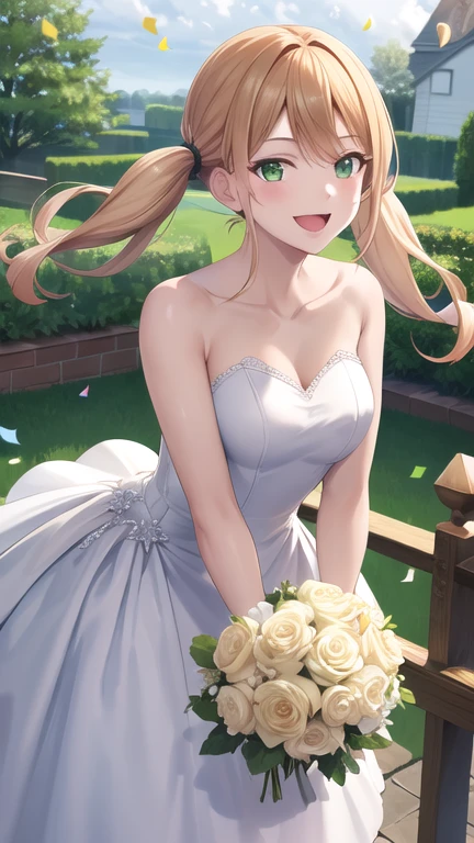 masterpiece, best quality, highres, 1girl, solo, blonde hair, low twintails, green eyes, wedding dress, strapless, smile, open mouth, holding bouquet, standing, cowboy shot, garden, confetti,