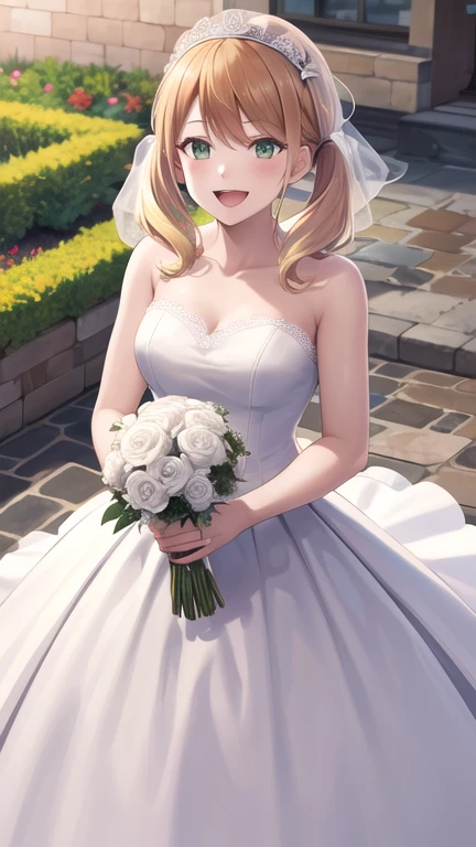 masterpiece, best quality, highres, 1girl, solo, blonde hair, low twintails, green eyes, wedding dress, strapless, smile, open mouth, holding bouquet, standing, cowboy shot, garden, confetti,