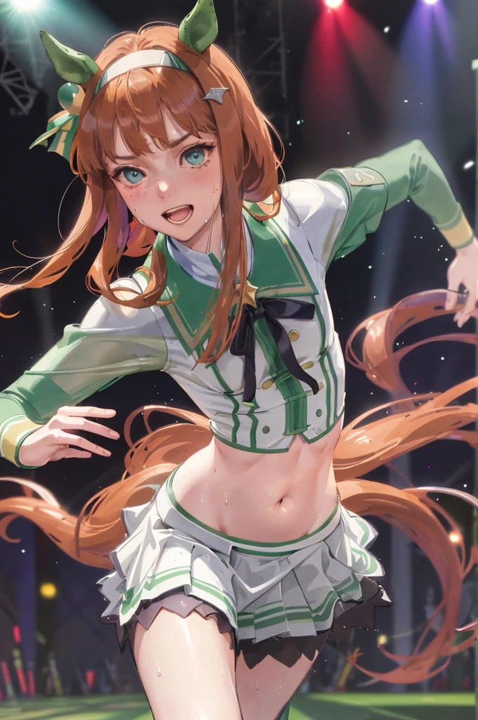 Sexy dance show,(running:1.5),One girl,alone,Silence Suzuka \(umamusume\),Excellent anatomy, masterpiece, Highest quality,Realistic, hyperRealistic, 16k hdr,Smile,(Live Stage),(See-through costume:1.2),Stage Costumes,Horse tail,Sing a song,Ultra mini skirt,belly button,Micro Panties,(Small breasts,Clear Page,Erect nipples:1.2),Sweat,From below,Spread your legs