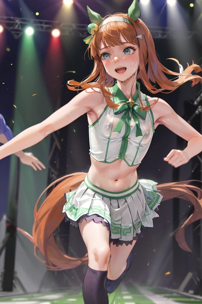 Sexy dance show,(running:1.5),One girl,alone,Silence Suzuka \(umamusume\),Excellent anatomy, masterpiece, Highest quality,Realistic, hyperRealistic, 16k hdr,Smile,(Live Stage),(See-through costume:1.2),Stage Costumes,Horse tail,Sing a song,Ultra mini skirt,belly button,Micro Panties,(Small breasts,Clear Page,Erect nipples:1.2),Sweat,From below,Spread your legs