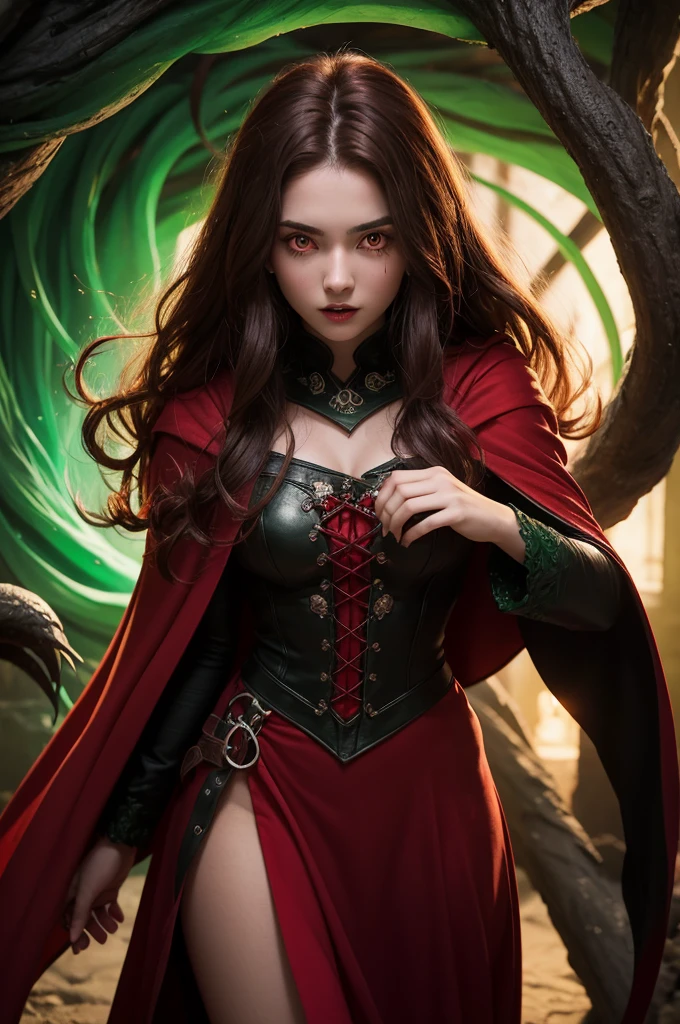 20-year-old woman, eerie glowing red eyes, sharp canine teeth, red cloak, wavy brown hair with bright red highlights, green joy - esmeralda na testa, fantasy style black tentacles coming out