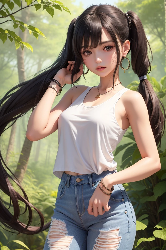 (best quality), (hyperrealistic), mh-yk, 1girl, solo, black hair, brown eyes, , long hair, chinese clothes, big ,, twintails, outdoors, hair rings, white tank top and jeans , jewelry, bangs, in the forest
