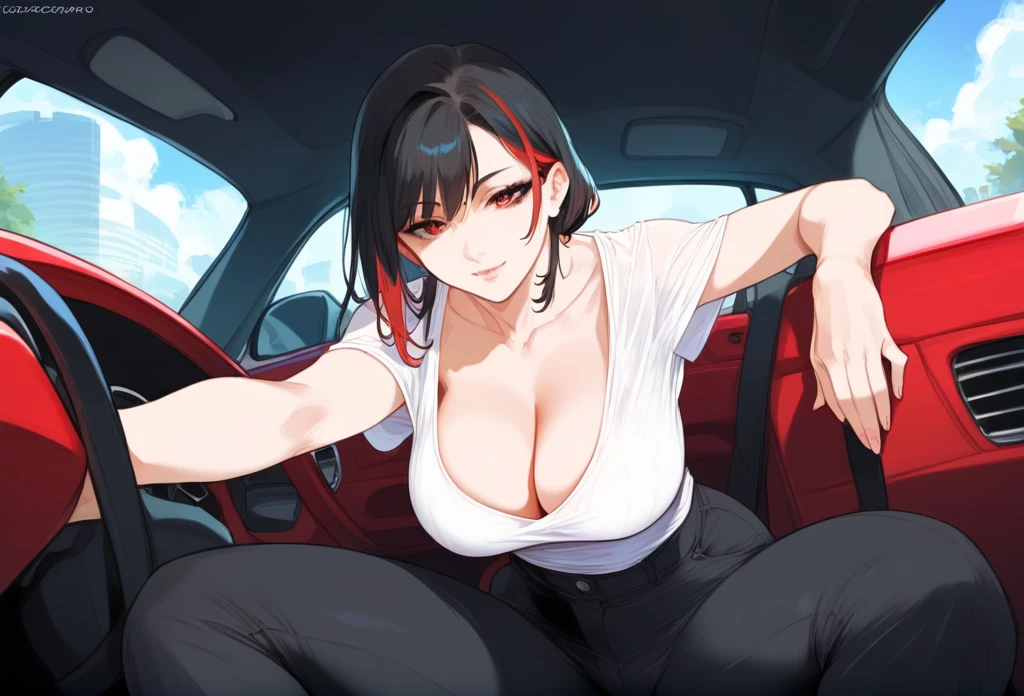 mixed_artstyle, Cleavage, 1 girl, Alone, hands, Asian, short black sleeveless t-shirt, black pants, short black hair with red highlights, red eyes, 8K, textures, details, Car, black Camaro and red neon, leaning on the car, cinematic, view from below, Car background 