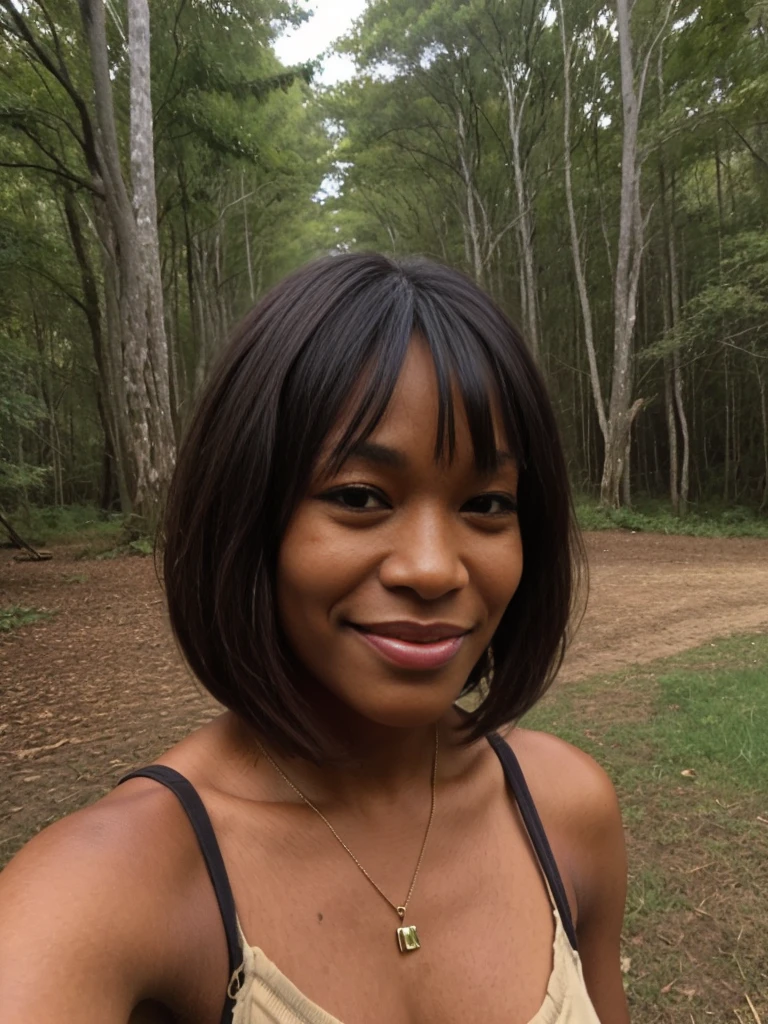 Robin Givens, (((snub nose))), (30 years old), (ugly_face:1.3), (dark skintone), (bob cut with bangs), 1girl, solo, grainy, amateur photo, smirk, wearing blouse and pants, (selfie) at (Iona National Park, Angola)
