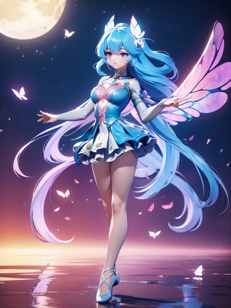 Seizo Watase style, Simple Line Initialism，Abstract art, 3d character, colorful hearts ,(((The most beautiful girl of all time))),  (full body 1.2), only girl, very long hair, bufferfly and sky background, 25 year old, full body, (((8k))), (((3d)), blue and pink hair, Large butterfly wings on the back, moon, ballet dance, one hand raised above, hair divided into 2