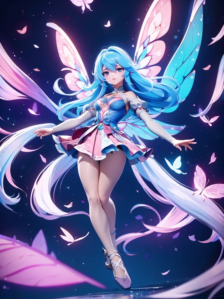 Seizo Watase style, Simple Line Initialism,Abstract art, 3d character, colorful hearts ,(((The most beautiful girl of all time))), (full body 1.2), only girl, very long hair, bufferfly and sky background, 25 year old, full body, (((8k))), (((3d)), blue and pink hair, Large butterfly wings on the back, moon, ballet dance, one hand raised above, hair divided into 2