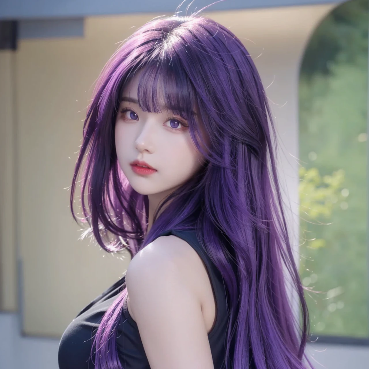 1girl with long hair and black dress standing in front of a door, anime girl wearing a black crop top, (Light purple hair), (Long hair), fair skin, purple eyes, pretty face, big breasts, see-through bangs, (((Perfect)))
