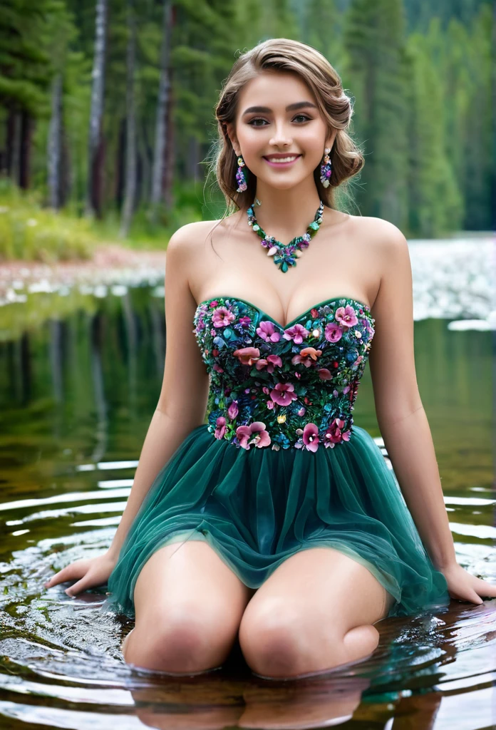 8K, ultra hd, masterpiece, ultra realistic, 1 girl, nice face, very long hair, detailed eyes, detailed lips, (big breasts:1.5) super round "wet body", 3D Floral Short Strapless Tulle Beaded Prom Dress  Elegant Green Mini, ((pink,red,blue ,black,green,meroon,purple,yellow random dress color)),((High resolution Dress Quality)), diamonds, jewelry, necklace, earrings, lake, scenery  , sitting, Bridge, Forest, standing in lake water, feet in water, Pine trees, Perfect body figure, Beautiful Smile, Cinematic photography, Sexy angles, Stylish poses, 4 different Poses, 64k, high resolution image quality, very body figure  clear, Flowers in hand, Flowers in Hair, walking in water, waterfall