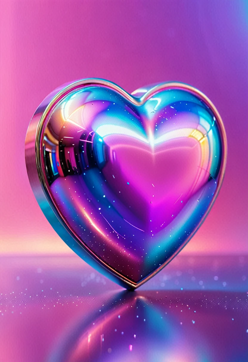 The image shows a heart., covers the metallic heart that has a shine, iridescent quality. The heart is a mix of pink and blue tones., giving it a vibrant and eye-catching appearance. The background is bright holographic color of pink and purple., which enhances the overall futuristic and glamorous aesthetic of the image.