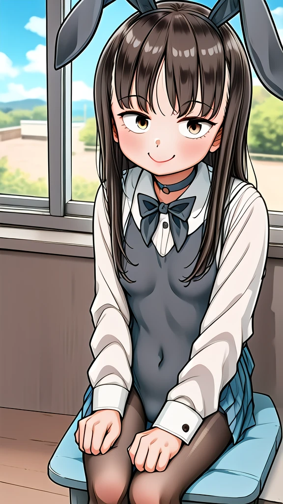 1girl, classroom, cowboy shot, sitting, smile,
yuzuki_kaede, brown eyes, brown hair, long hair, , quality, masterpiece, highres, , red choker, (black playboy bunny), (black fake rabbit ears), (black pantyhose), ( high-heels), cafe
