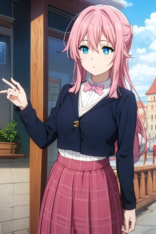 Long Pink hair, blue eyes, normal clothes