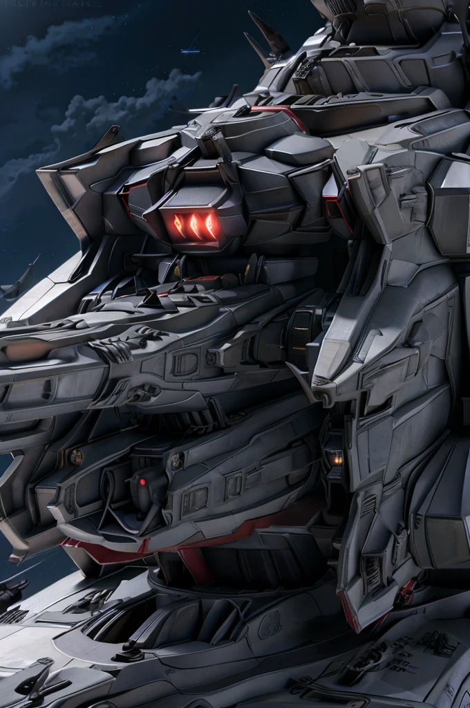 a triangular shaped spaceship battleship with rows of gun turrets missile tubes and large rocket thrusters in the rear passing in front of Jupiter, masterpiece, best, epic space scene, photo realistic space battleship scene