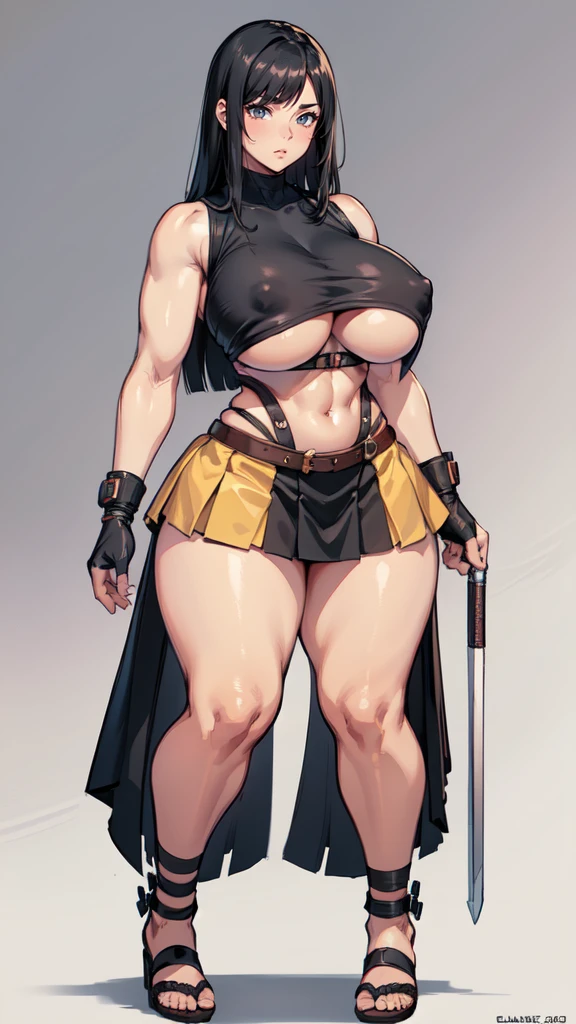 (masterpiece), best quality, female warrior, huge girl, female muscular:1.2, straight hair, black hair, curvy, ((thick thighs:1.4)), (((blank background))), ((full body)), fingerless gloves, sandals, sleeveless, covered nipples, (underboobs:1.3), (straight  hair), (very short skirt)