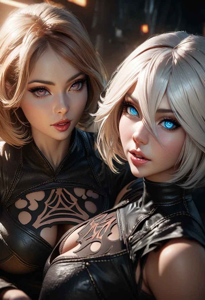 a beautiful detailed 2 girls, extremely detailed eyes and face, long eyelashes, beautiful detailed lips, detailed skin, detailed clothing, 2b Nier Automata, female, blowjob, Quiet Metal Gear, highly detailed, 4k, 8k, masterpiece, ultra-detailed, photo-realistic, physically-based rendering, extreme detail description, vivid colors, dramatic lighting, cinematic