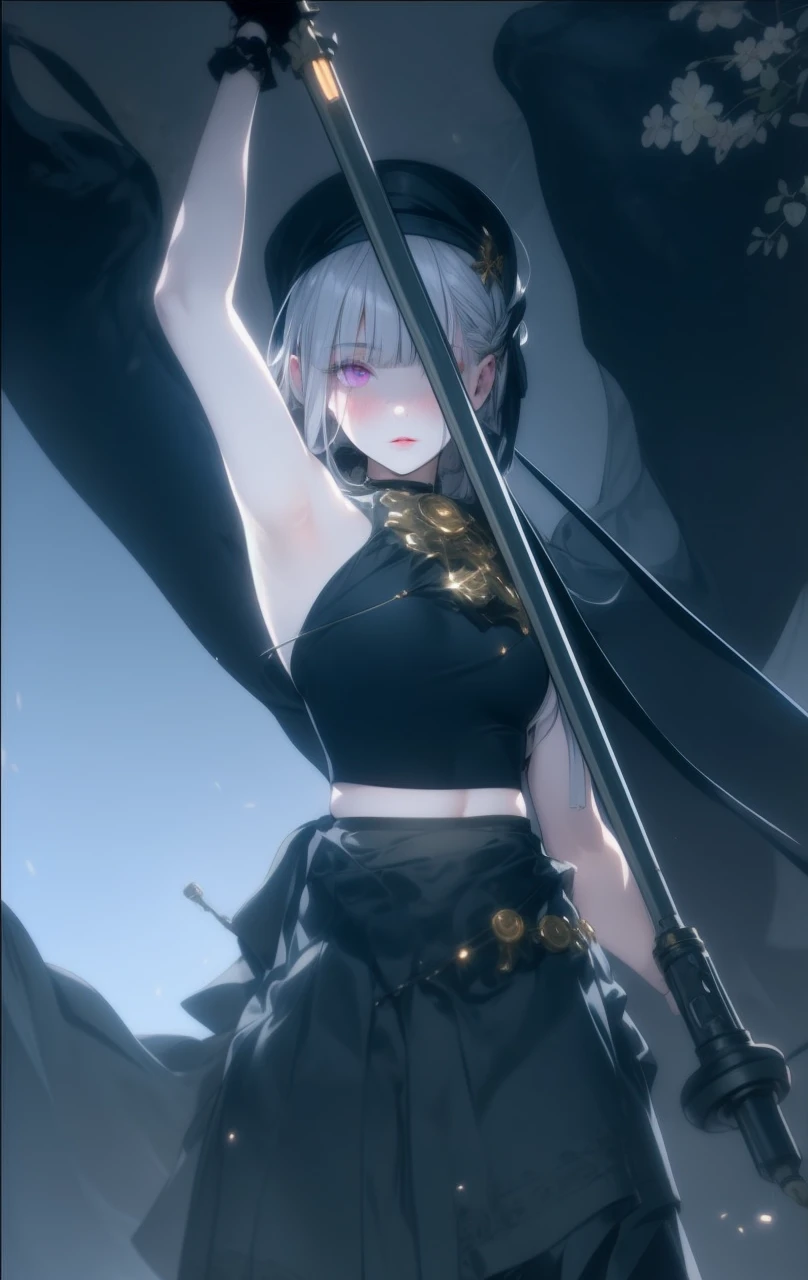 realistic, 1girl, white hair, purple eyes, glowing eyes, crop top, skirt, parted lips, blush, night, flowers, sun, sunlight,
