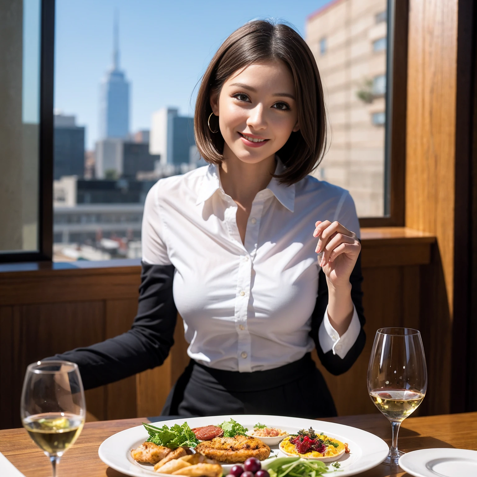 ((Highest quality、8k、masterpiece:1.3))、slimカップル、Pink rubber、modelカップル、(Realistic, Intricate details:1.2), full-course dinner、Wine Party、Amazing view of the sunset sky and clouds、A bright smile、The wonderfulness of smile、Bright image、The beauty of wine, Beautiful Face, blue eyes, The light shines on your face, blush, short hair,Bright Face、 (Age 37), 39 years old, red wine 、Appetizers、Italian food、Wine bottle、Champagne、sparkling wine、Two beauties、Brown Hair、Shortcuts、Long sleeve shirt、dress、Beautiful woman 1, (slimな顔), (The body is slim), (Brown Hair), (Shortcuts), cheeks turn a little red,Attractive beauty、restaurant, In a prominent place (From the waist up) Nova Frog Style, actress, model, Upper Body, White wine, slim, wine glass, 中央に置かれたwine glass, smile, (smile: 1.15), Beautiful fine grain, Depth f/2,saturation, High Contrast, Strong light and shadow,Moist Body:1.5、3D texture、Delicate eyes、Brown Hair、The hair is very shiny、