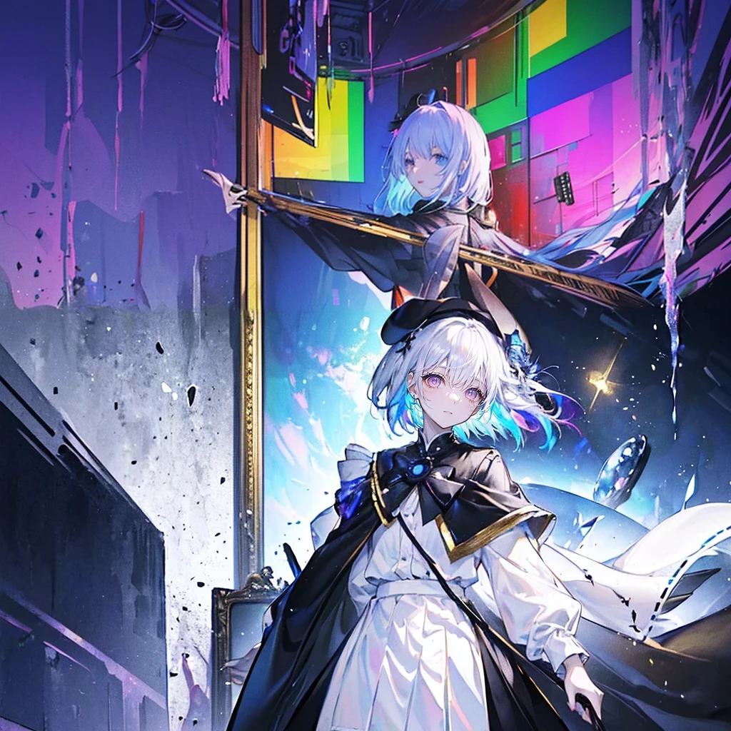 Wear white stockings,Black shoes,Stand on a cracked floor,Colorful head,There is a rainbow in the sky,Various pigments,Floor-length robe,Gradually dissolving background