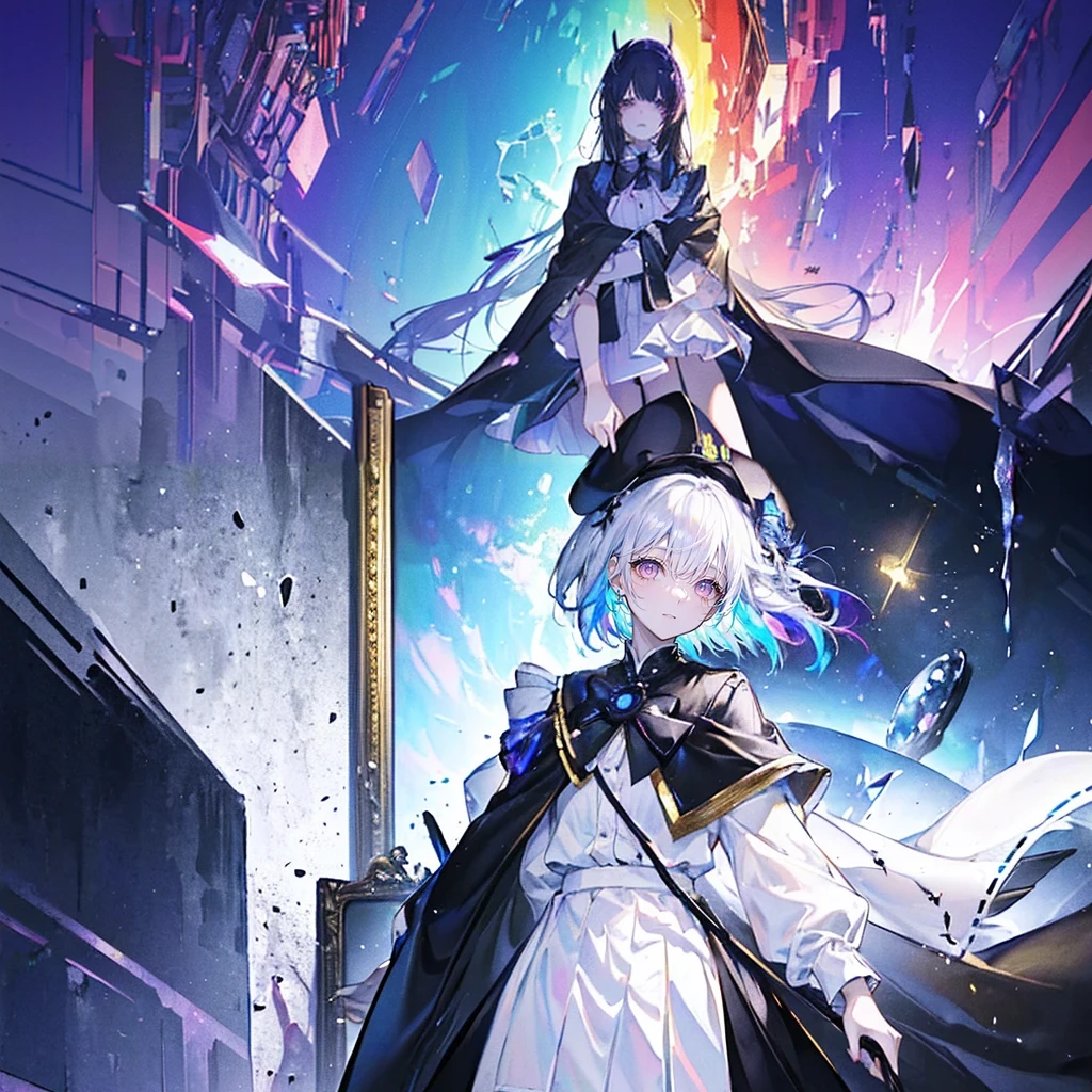 Wear white stockings,Black shoes,Stand on a cracked floor,Colorful head,There is a rainbow in the sky,Various pigments,Floor-length robe,Gradually dissolving background
