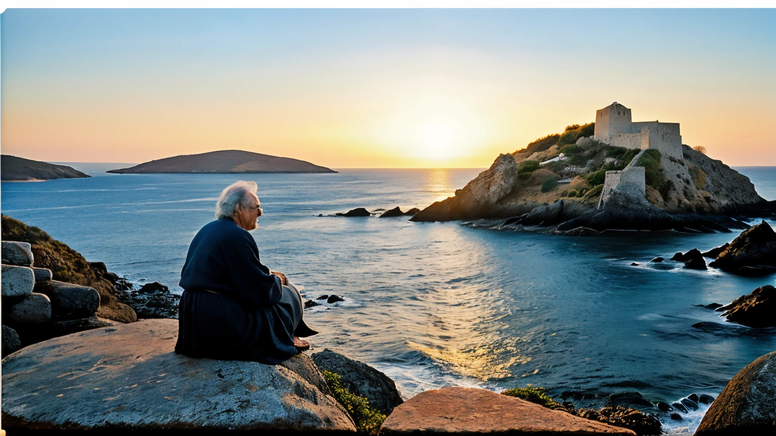 a realistic and striking oil painting of the Isle of Patmos at dawn, with a natural backdrop of rocks and sea. In the background, the silhouette of João, an elderly man with a serene and wise appearance, wearing simple ancient clothes, sitting on a rock with a parchment and quill in his hand, looking at the horizon