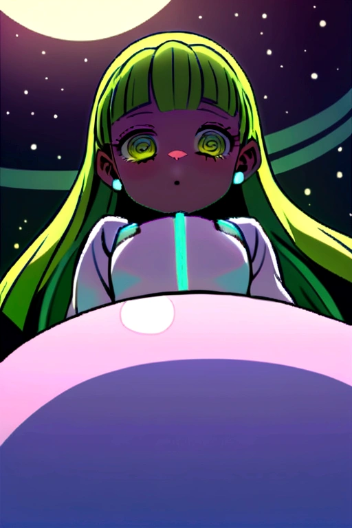 Kimetsu no yaiba style girl with green hair and dark skin sitting on her back looking at the moon
