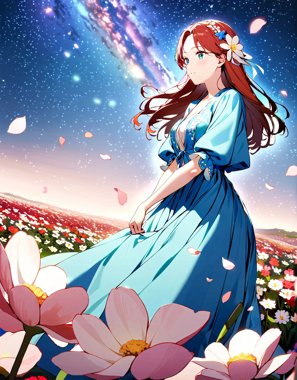 1 Girl. Old-fashioned smile. petal. Bokeh. Background flower field nice body, beautiful 肌. oily 肌. Very delicate and beautiful. Very detailed. Clear Eyes. Red hair。Hair accessories with attention to detail,,Hair is tied)),Amazing starry sky,Detailed blue robe,Long skirt