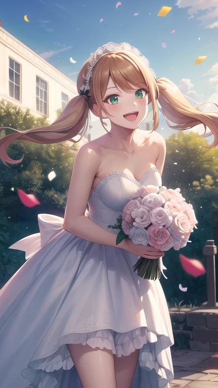 masterpiece, best quality, highres, 1girl, solo, blonde hair, low twintails, green eyes, wedding dress, strapless, smile, open mouth, holding bouquet, standing, cowboy shot, garden, confetti,